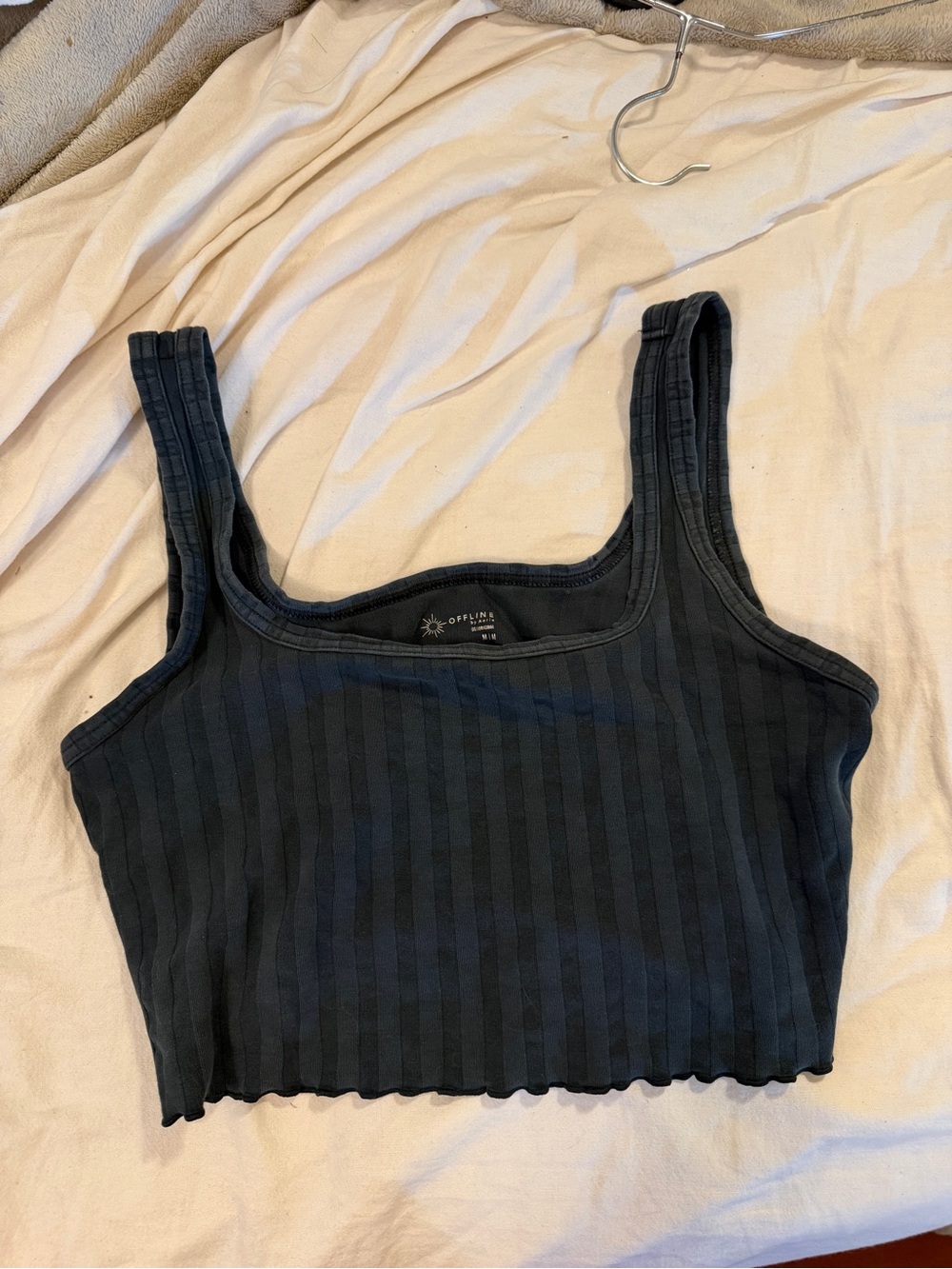 Offline by Aerie Black Ribbed Cropped Tank Top M/M Square Neck Lettuce Hem